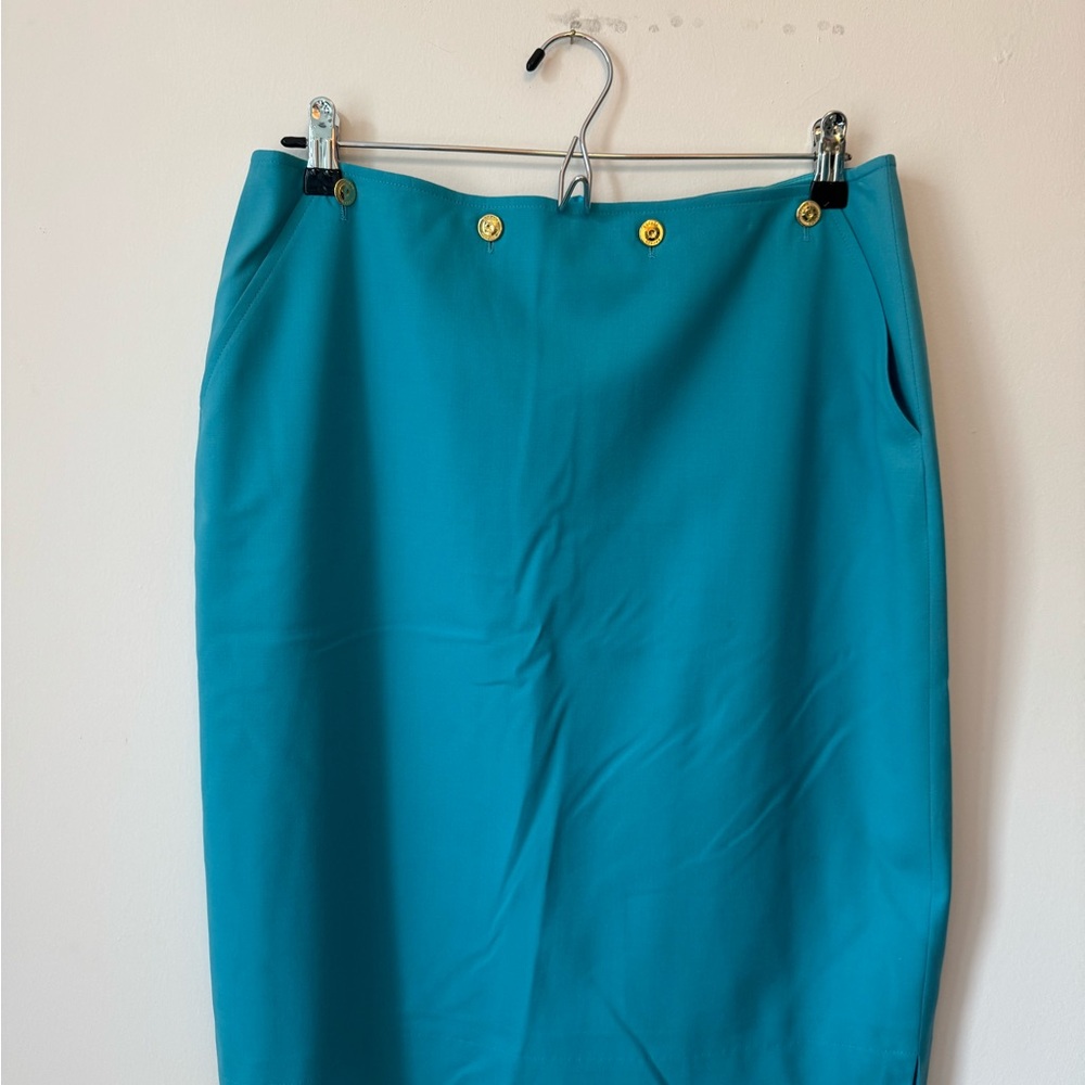 EscadaTeal Pencil Skirt with Gold Button Detail